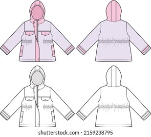 Technical design of a jacket for girls or boys with elasticated waist, hood, front opening with zip and press studs and pockets.