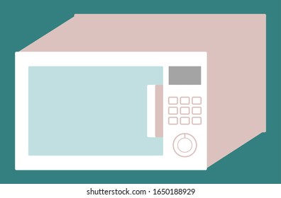Technical device for kitchen. Microwave oven isolated on blue background. Kitchenware for cooking at home, heat and defrost meals. Appliance with door, handle and keypad. Vector illustration in flat