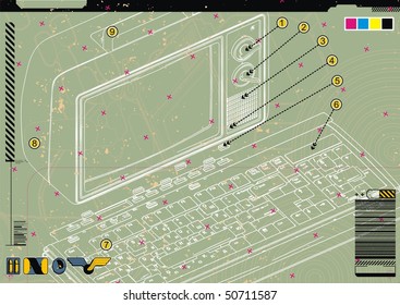 Technical Diagram Abstract Of A Retro Computer.