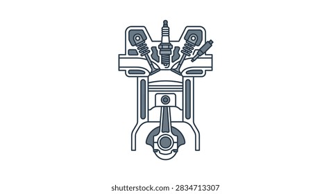 A technical diagram showing the internal components of a combustion engine including the piston, spark plug, valves, connecting rod, and crankshaft