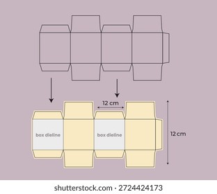 Diagrama técnico que mostra o modelo e as instruções de dobragem para uma pequena caixa de produto