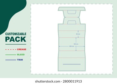 Technical dieline template for a cardboard sleeve box with integrated handle, featuring dimension annotations for 55mm, 105mm, and 205mm measurements