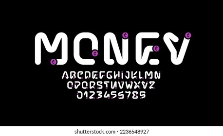 Technical digital alphabet rounded font, trendy Latin letters from A to Z and Arab numbers from 0 to 9 coin style, vector illustration 10EPS