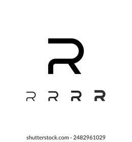 Technical digital font, cyber space alphabet, set of five different thicknesses of the trendy modern letter R (thin, regular, bold, thick) made futuristic style, vector illustration 10EPS
