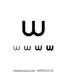 Technical digital font, cyber space alphabet, set of four different thicknesses of the trendy modern lowercase letter W (thin, regular, bold, thick) made futuristic style, vector illustration 10EPS