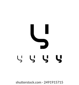 Technical digital font, cyber space alphabet, set of four different thicknesses of the trendy modern lowercase letter Y (thin, regular, bold, thick) made futuristic style, vector illustration 10EPS