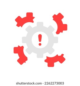 icono de interrupción técnica o mal funcionamiento con marcha. elemento de diseño gráfico de lootipo de tendencia plana aislado en blanco. símbolo de desarrollo de fábrica o signo de problema de instalación con signo de exclamación