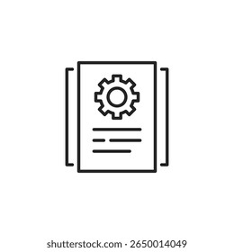 technical document icon like thin line doc with gear. simple linear trend modern tech requirement logotype graphic art design element isolated on white. concept of system configuration contract sign