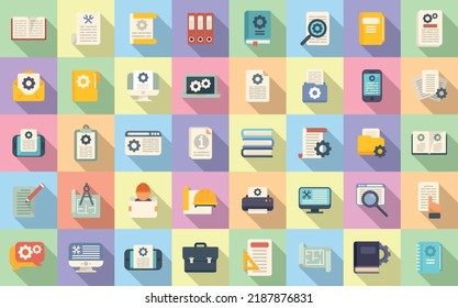 Technical document icons set flat vector. Building manual. Plan paper