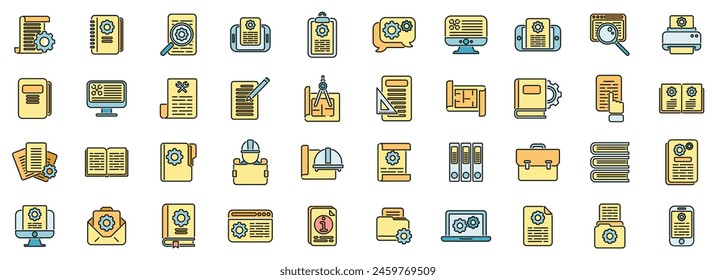 Technical document icons set outline vector. Building manual. Plan paper thin line color flat on white