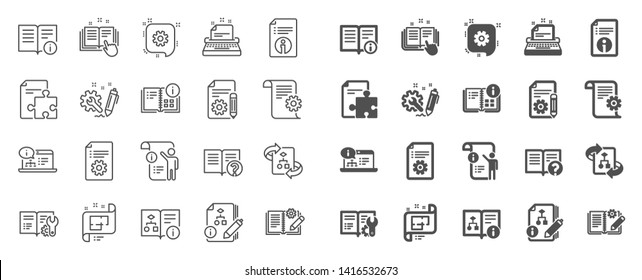 Technical document line icons. Set of Instruction, Plan and Manual icons. Help document, Building plan and Algorithm symbols. Technical blueprint, Engineering instruction, Work tool, building. Vector