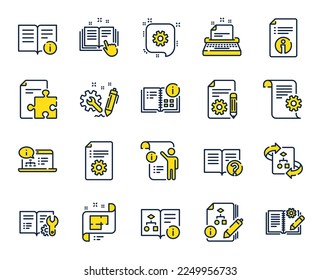Technical document line icons. Set of Instruction, Plan and Manual icons. Help document, Building plan and Algorithm symbols. Technical blueprint, Engineering instruction, Work tool, building. Vector