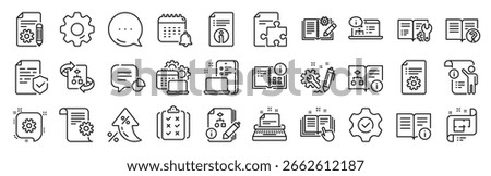 Technical document line icons. Settings gear, Message, Inflation icons. Set of Instruction, Plan and Manual icons. Help document, Building plan and Algorithm symbols. Vector