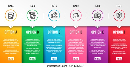 Technical documentation, Approved agreement and Heart icons simple set. Car leasing, Report and Approved shield signs. Manual, Signature document. Technology set. Infographic template. Vector