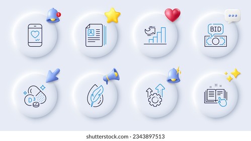 Technical documentation, Bid offer and Love chat line icons. Buttons with 3d bell, chat speech, cursor. Pack of Cv documents, Hypoallergenic tested, Seo gear icon. Vector