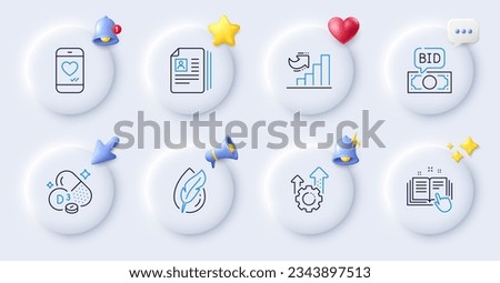 Technical documentation, Bid offer and Love chat line icons. Buttons with 3d bell, chat speech, cursor. Pack of Cv documents, Hypoallergenic tested, Seo gear icon. Vector