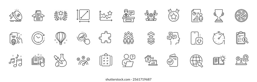 Technical documentation, Business report and Exhibitors line icons. Pack of Ranking stars, Group people, Chemistry experiment icon. Award cup, Phone download, Puzzle pictogram. Line icons. Vector