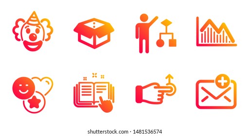 Technical documentation, Clown and Smile line icons set. Algorithm, Open box and Drag drop signs. Investment graph, New mail symbols. Manual, Funny performance. Business set. Vector