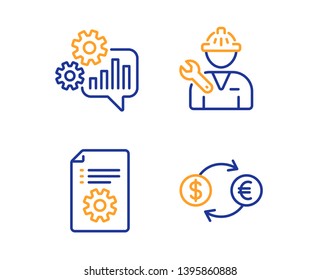 Technical documentation, Cogwheel and Repairman icons simple set. Currency exchange sign. Manual, Engineering tool, Repair service. Banking finance. Linear technical documentation icon. Vector