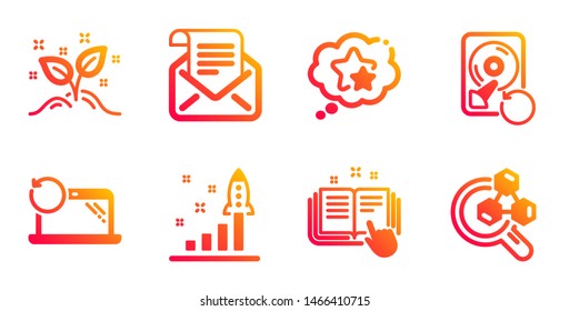 Technical documentation, Development plan and Startup concept line icons set. Recovery hdd, Mail newsletter and Recovery laptop signs. Ranking stars, Chemistry lab symbols. Manual, Strategy. Vector