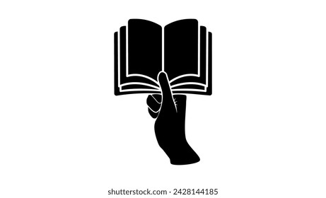 Technical documentation emblem, hand holding an open book, black isolated silhouette