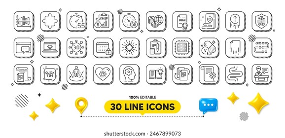 Technical documentation, Exhibitors and Fingerprint line icons pack. 3d design elements. Methodology, Puzzle, Product knowledge web icon. Seo message, World money, Diagram chart pictogram. Vector