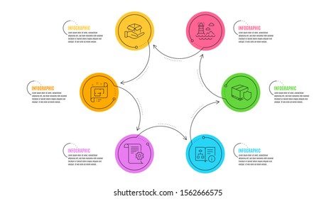 Technical documentation, Hold box and Architectural plan signs. Infographic timeline. Lighthouse, Technical algorithm and Delivery insurance line icons set. Vector