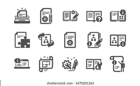Technical documentation icons. Instruction, Plan and Manual. Algorithm classic icon set. Quality set. Vector