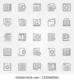 Technical documentation icons set. Document with cogwheel, page with gear outline concept vector symbols