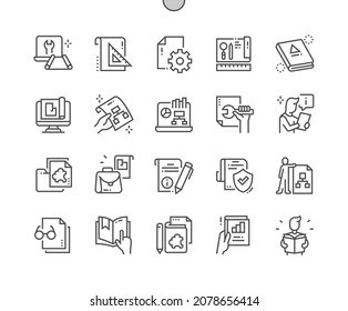 Technical documentation. Industrial, information, mechanical, paperwork and document. Technical file. Worker. Pixel Perfect Vector Thin Line Icons. Simple Minimal Pictogram