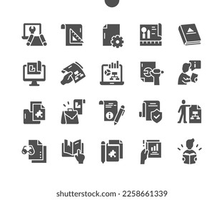 Technical documentation. Industrial, information, mechanical, paperwork and document. Technical file. Worker. Vector Solid Icons. Simple Pictogram