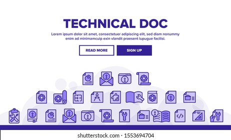 Technical Documentation Landing Web Page Header Banner Template Vector. Collection Of Technical Documentation Linear Pictograms. Plan, Instruction, Blueprint And Manual Illustration