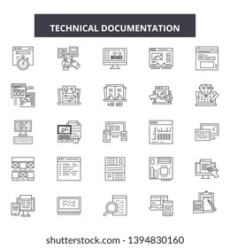 Technical documentation line icon signs. Linear vector outline illustration set concept.