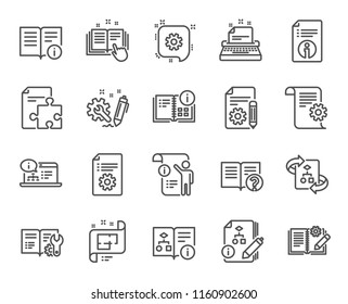 Technical Documentation line icons. Set of Instruction, Plan and Manual linear icons. Help documents, Building plan and Algorithm symbols. Technical blueprint, Engineering and Work tool signs. Vector