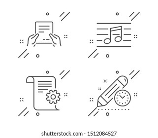 Technical documentation, Musical note and Receive file line icons set. Project deadline sign. Manual, Music, Hold document. Time management. Education set. Vector