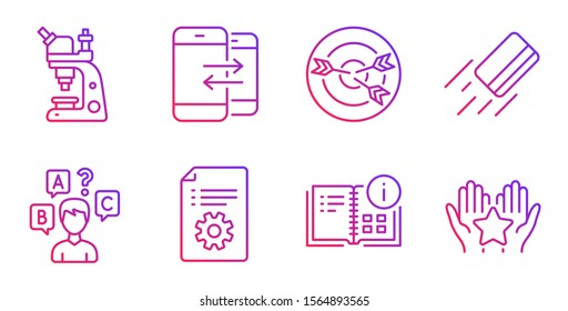Technical documentation, Phone communication and Microscope line icons set. Credit card, Targeting and Quiz test signs. Instruction info, Ranking symbols. Manual, Incoming and outgoing calls. Vector
