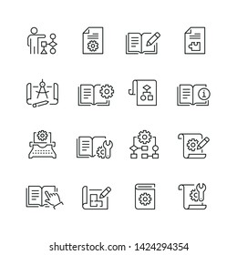 Technical documentation related icons: thin vector icon set, black and white kit