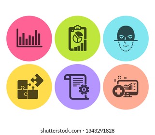 Technical documentation, Report and Bar diagram icons simple set. Face recognition, Puzzle and Medical analytics signs. Manual, Presentation chart. Science set. Flat technical documentation icon