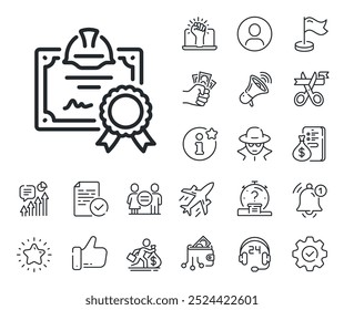 Technical documentation sign. Salaryman, gender equality and alert bell outline icons. Engineering certificate line icon. Construction award symbol. Certificate line sign. Vector