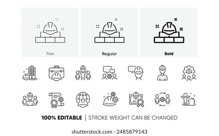 Technical documentation, Teamwork and People. Engineering line icons set. Blueprint with gear, engineer and construction helmet set icons. Technician, industrial people, engineering process. Vector