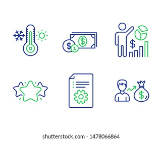 Technical documentation, Thermometer and Seo statistics line icons set. Dollar money, Star and Sallary signs. Manual, Thermostat, Analytics chart. Cash with coins. Business set. Vector