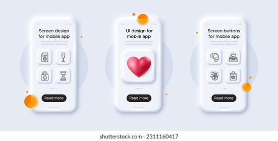 Technical documentation, Typewriter and Online buying line icons pack. 3d phone mockups with heart. Glass smartphone screen. Croissant, Creativity, Wineglass web icon. Vector