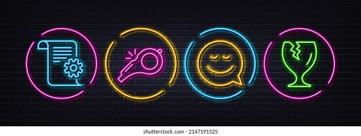 Technical documentation, Whistle and Smile minimal line icons. Neon laser 3d lights. Fragile package icons. For web, application, printing. Manual, Kick-off, Chat emotion. Safe shipping. Vector