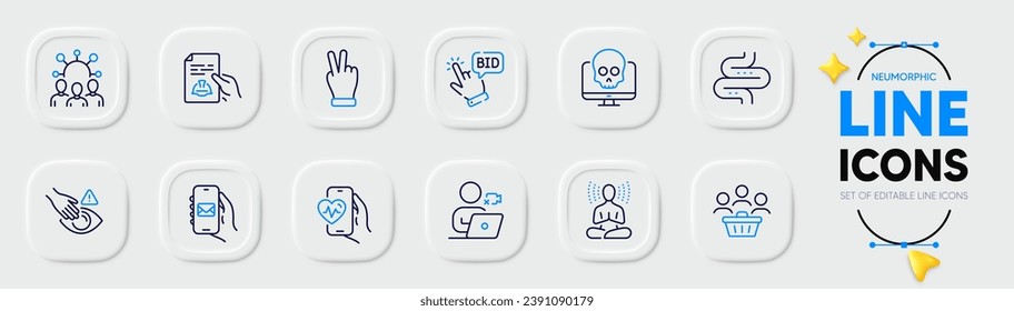 Technical documentation, Yoga and Bid offer line icons for web app. Pack of Squad, Cardio training, Dont touch pictogram icons. Mail app, Cyber attack, Video conference signs. Buyers. Vector