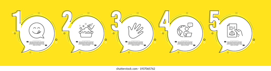 Technical documentation, Yummy smile and Hand icons set. Hand washing sign. Engineering, Emoticon, Swipe. Vector