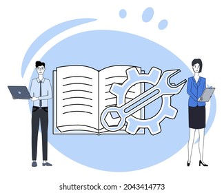 Technical documentation.Storage and use of technical files.People on the background of documents.Flat vector illustration.