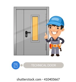 Technical Door with Cartoon Worker. In the EPS file, each element is grouped separately. Clipping paths included.
