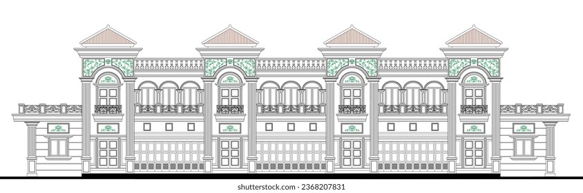 Dibujo técnico de un edificio clásico simétrico de 2 plantas con 10 columnas, 11 ventanas, 4 coronas, 8 puertas.