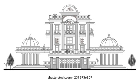 Technical drawing of 3 storey symmetrical neoclassic house with 2 domes