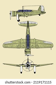 technical drawing of a aircraft, side, top and front view